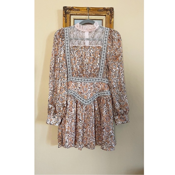 SHEIN Mini Floral Printed High Neck Ruffle Lace Trim Long Sleeve Mini Dress XS 2 - Picture 3 of 16